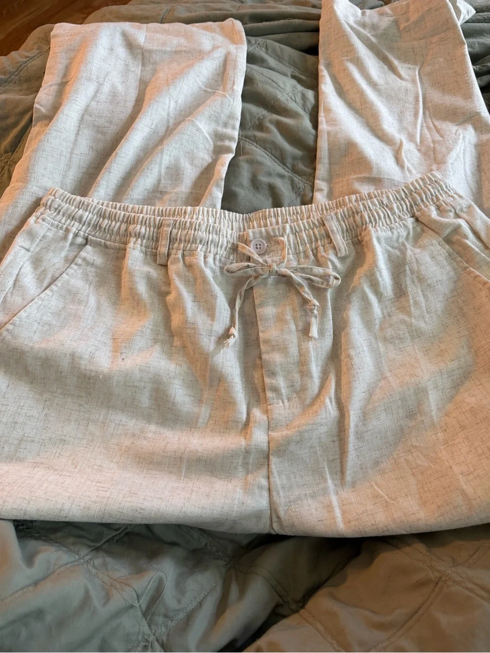 COOFANDY Men’s Beige Linen Blend Drawstring Pants 2XL Beach Resort Casual